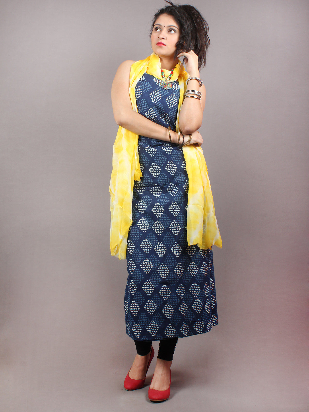 Indigo Beige Hand Block Printed Cotton Suit-Salwar Fabric With Chiffon Dupatta - S1628116