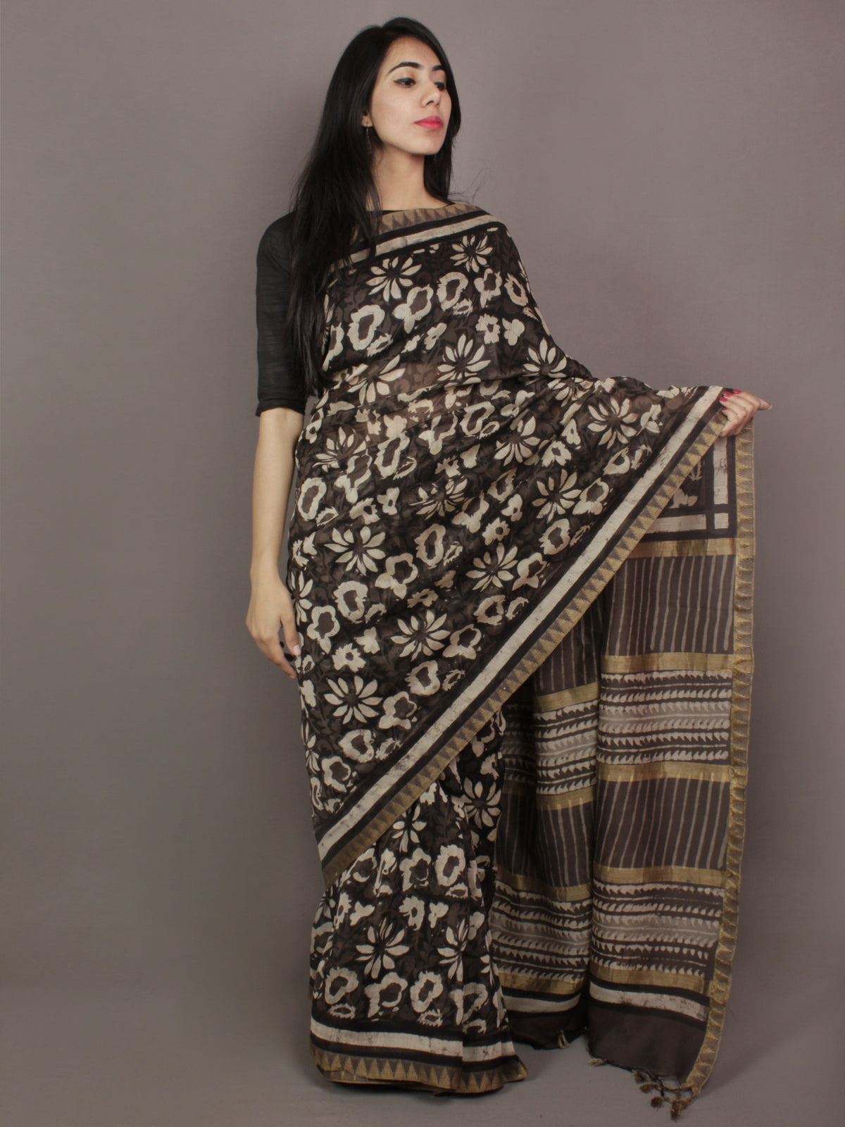 Brown Black Ivory Hand Block Printed Kalamkari Chanderi Silk Saree With Ghicha Border - S031701162