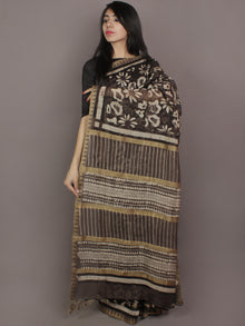 Brown Black Ivory Hand Block Printed Kalamkari Chanderi Silk Saree With Ghicha Border - S031701162
