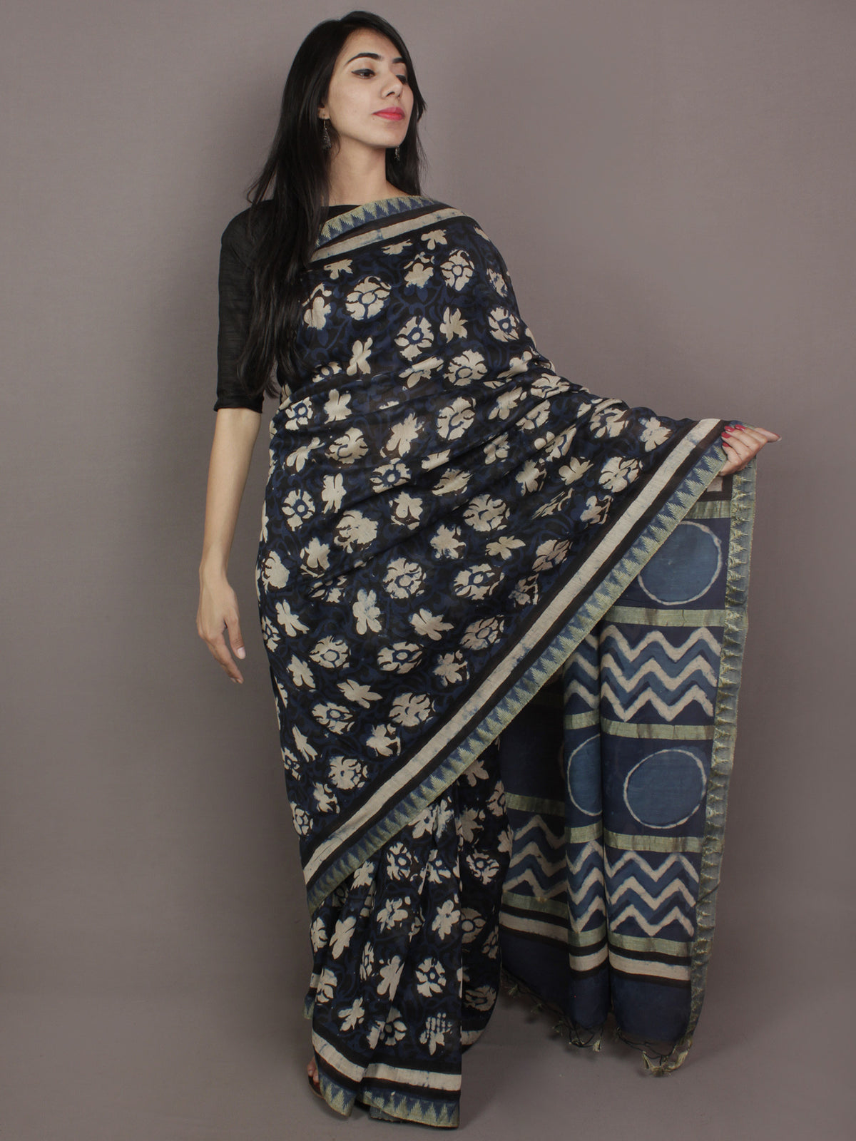 Indigo Black Ivory Hand Block Printed Kalamkari Chanderi Silk Saree With Ghicha Border - S031701163