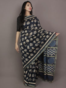 Indigo Black Ivory Hand Block Printed Kalamkari Chanderi Silk Saree With Ghicha Border - S031701163