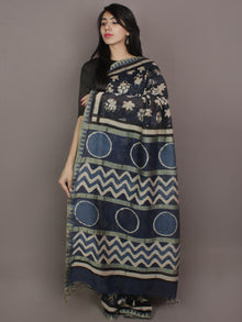 Indigo Black Ivory Hand Block Printed Kalamkari Chanderi Silk Saree With Ghicha Border - S031701163