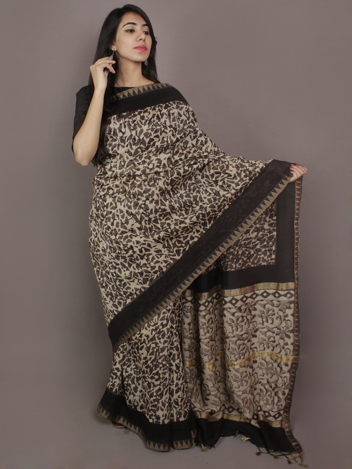 Brown Black Ivory Hand Block Printed Kalamkari Chanderi Silk Saree With Ghicha Border - S031701164