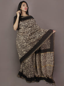 Brown Black Ivory Hand Block Printed Kalamkari Chanderi Silk Saree With Ghicha Border - S031701164