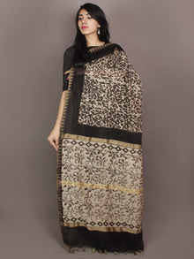 Brown Black Ivory Hand Block Printed Kalamkari Chanderi Silk Saree With Ghicha Border - S031701164