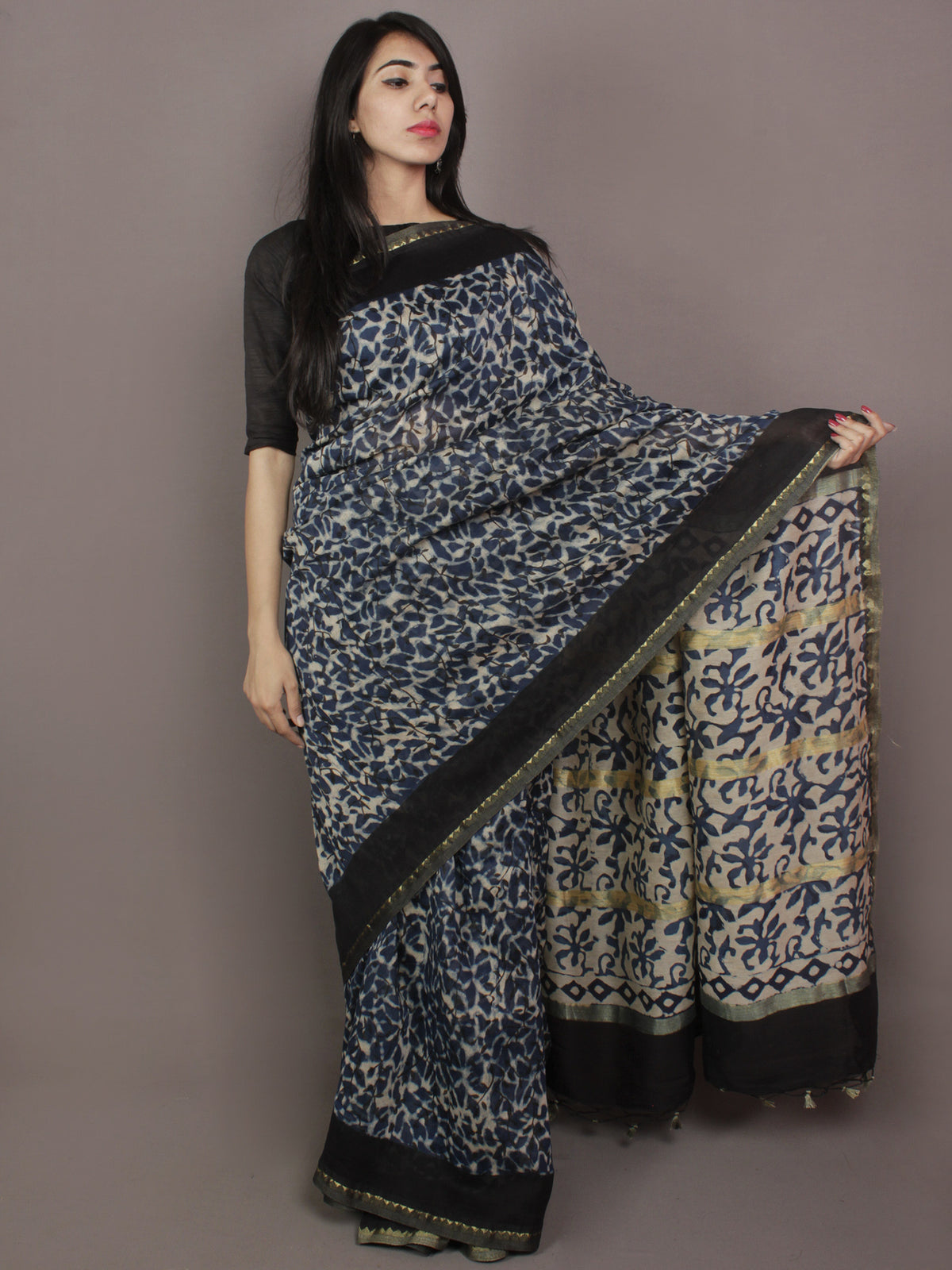 Indigo Black Ivory Hand Block Printed Kalamkari Chanderi Silk Saree With Ghicha Border - S031701165
