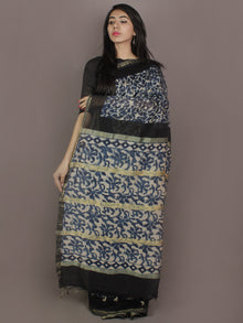 Indigo Black Ivory Hand Block Printed Kalamkari Chanderi Silk Saree With Ghicha Border - S031701165