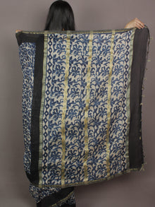 Indigo Black Ivory Hand Block Printed Kalamkari Chanderi Silk Saree With Ghicha Border - S031701165