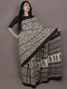 Ivory Black Hand Block Printed in Natural Colors Cotton Mul Saree - S031701166