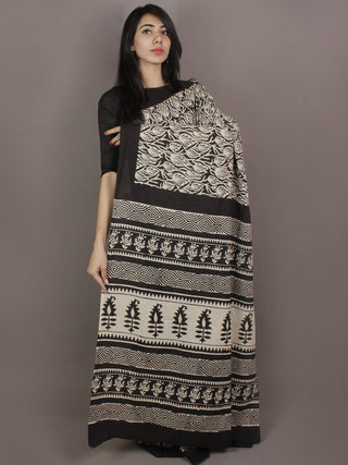 Ivory Black Hand Block Printed in Natural Colors Cotton Mul Saree - S031701166
