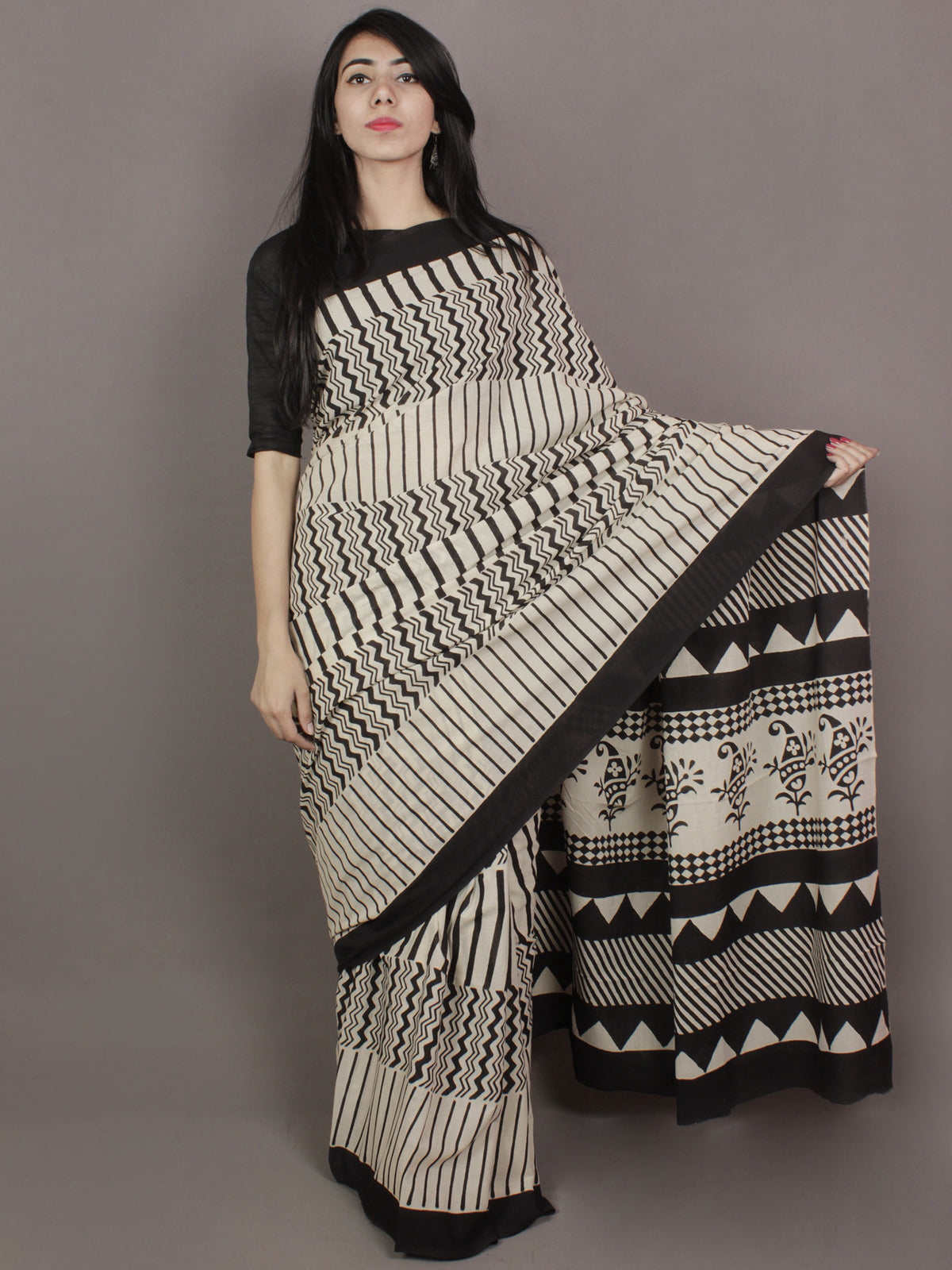 Ivory Black Hand Block Printed in Natural Colors Cotton Mul Saree - S031701167