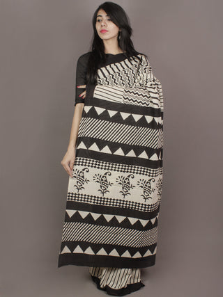 Ivory Black Hand Block Printed in Natural Colors Cotton Mul Saree - S031701167