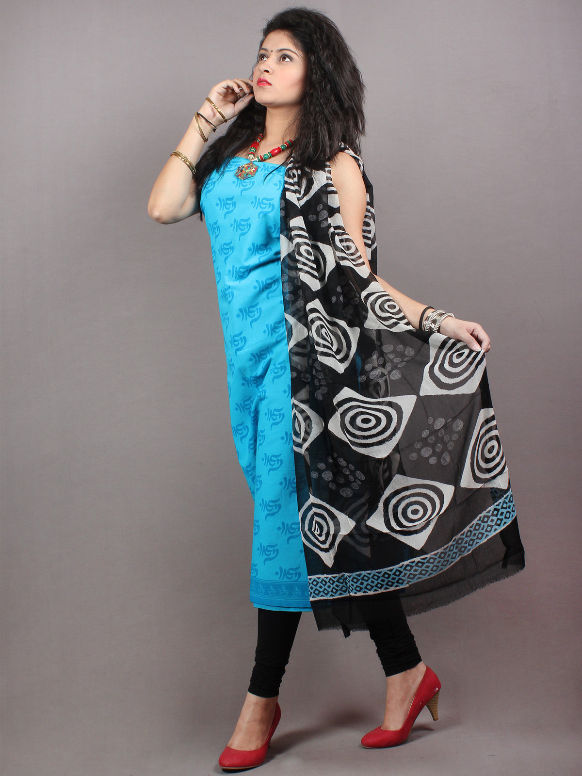 Sky Blue Hand Block Printed Cotton Suit-Salwar Fabric With Chiffon Dupatta - S1628117