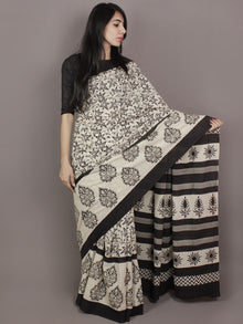 Ivory Black Hand Block Printed in Natural Colors Cotton Mul Saree - S031701170