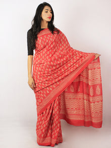 Scarlet Red Pink Beige Hand Block Printed Cotton Saree in Natural Colors - S03170810