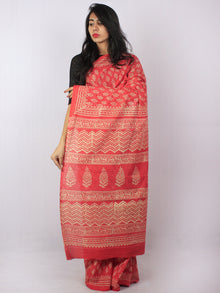 Scarlet Red Pink Beige Hand Block Printed Cotton Saree in Natural Colors - S03170810