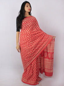 Scarlet Red Pink Beige Hand Block Printed Cotton Saree in Natural Colors - S03170809
