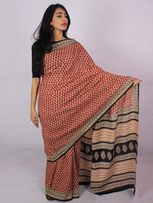 Red Beige Black Cotton Hand Block Printed Saree in Natural Colors - S031701174