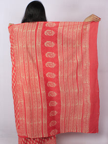 Scarlet Red Pink Beige Hand Block Printed Cotton Saree in Natural Colors - S03170809