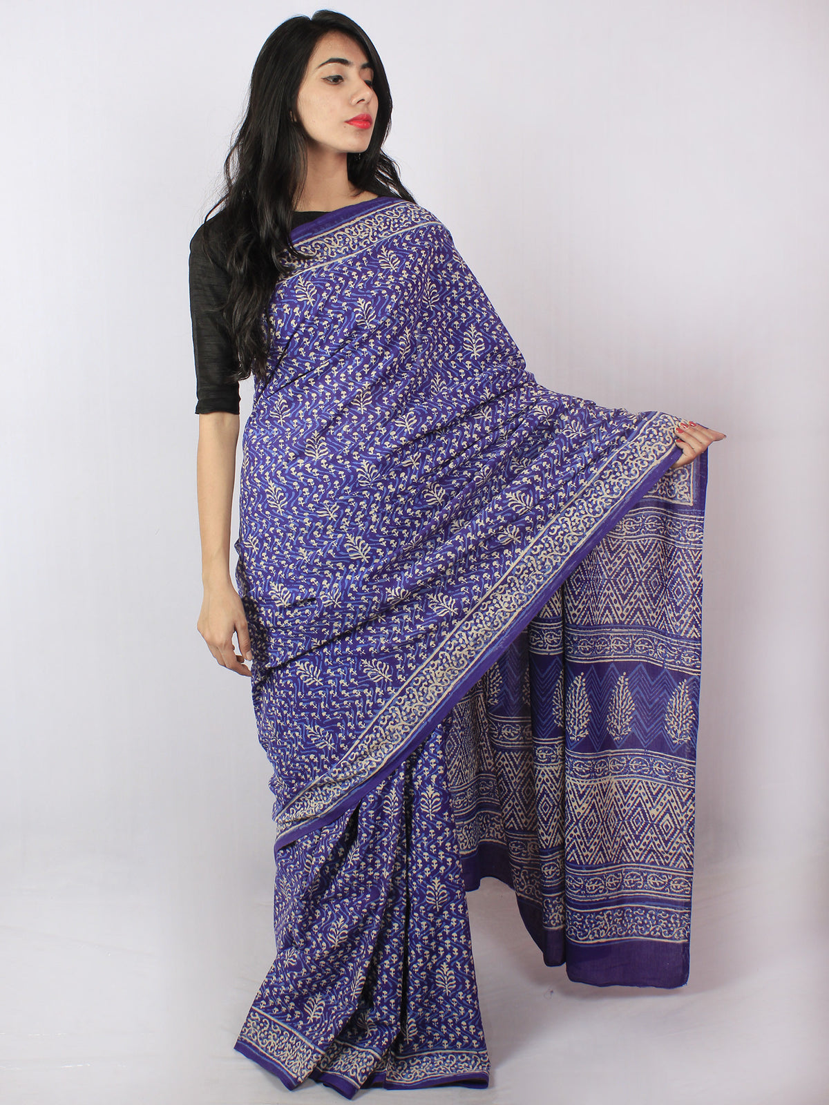 Purple Blue Ivory Hand Block Printed Cotton Saree in Natural Colors - S03170811