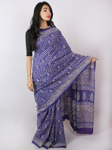 Purple Blue Ivory Hand Block Printed Cotton Saree in Natural Colors - S03170811