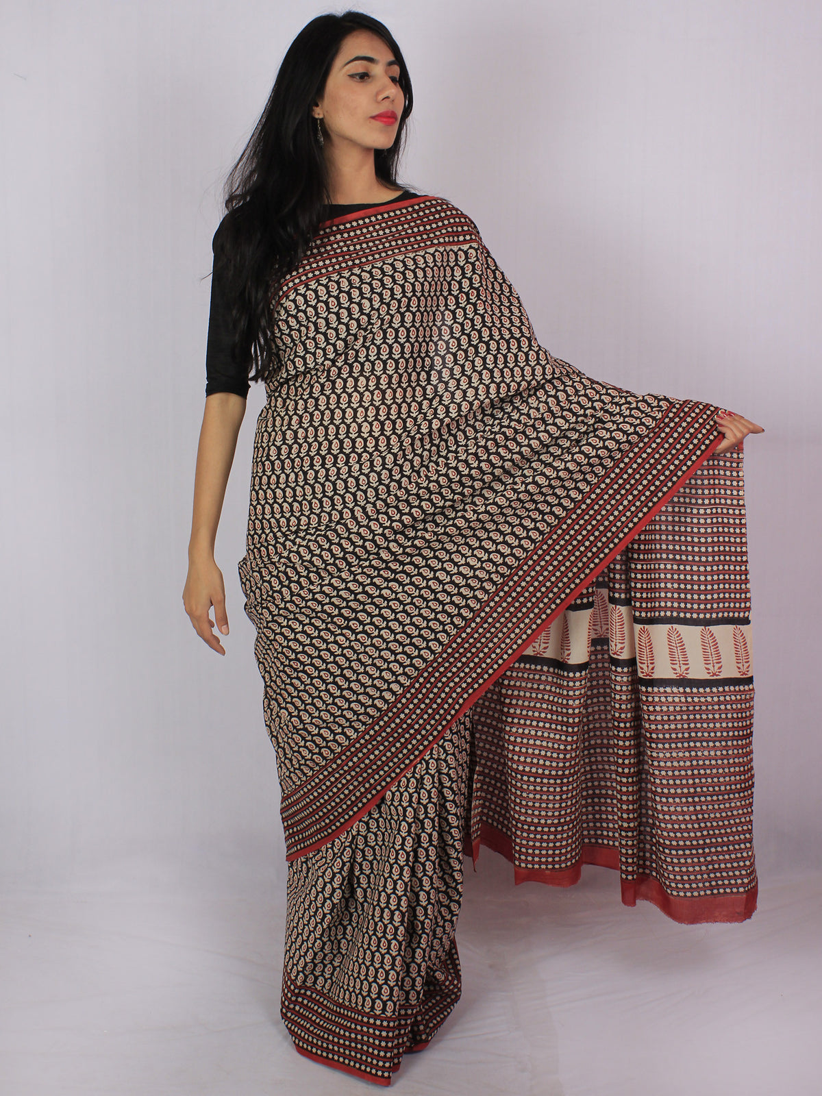 Black Maroon Beige Cotton Hand Block Printed Saree in Natural Colors - S031701175