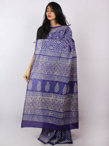 Purple Blue Ivory Hand Block Printed Cotton Saree in Natural Colors - S03170811