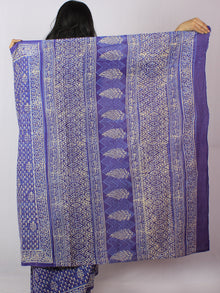 Purple Blue Ivory Hand Block Printed Cotton Saree in Natural Colors - S03170811