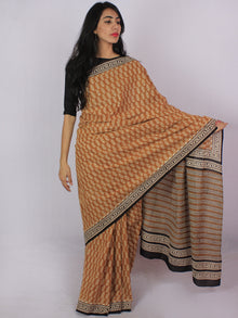 Mustard Yellow Beige Black Cotton Hand Block Printed Saree in Natural Colors - S031701176