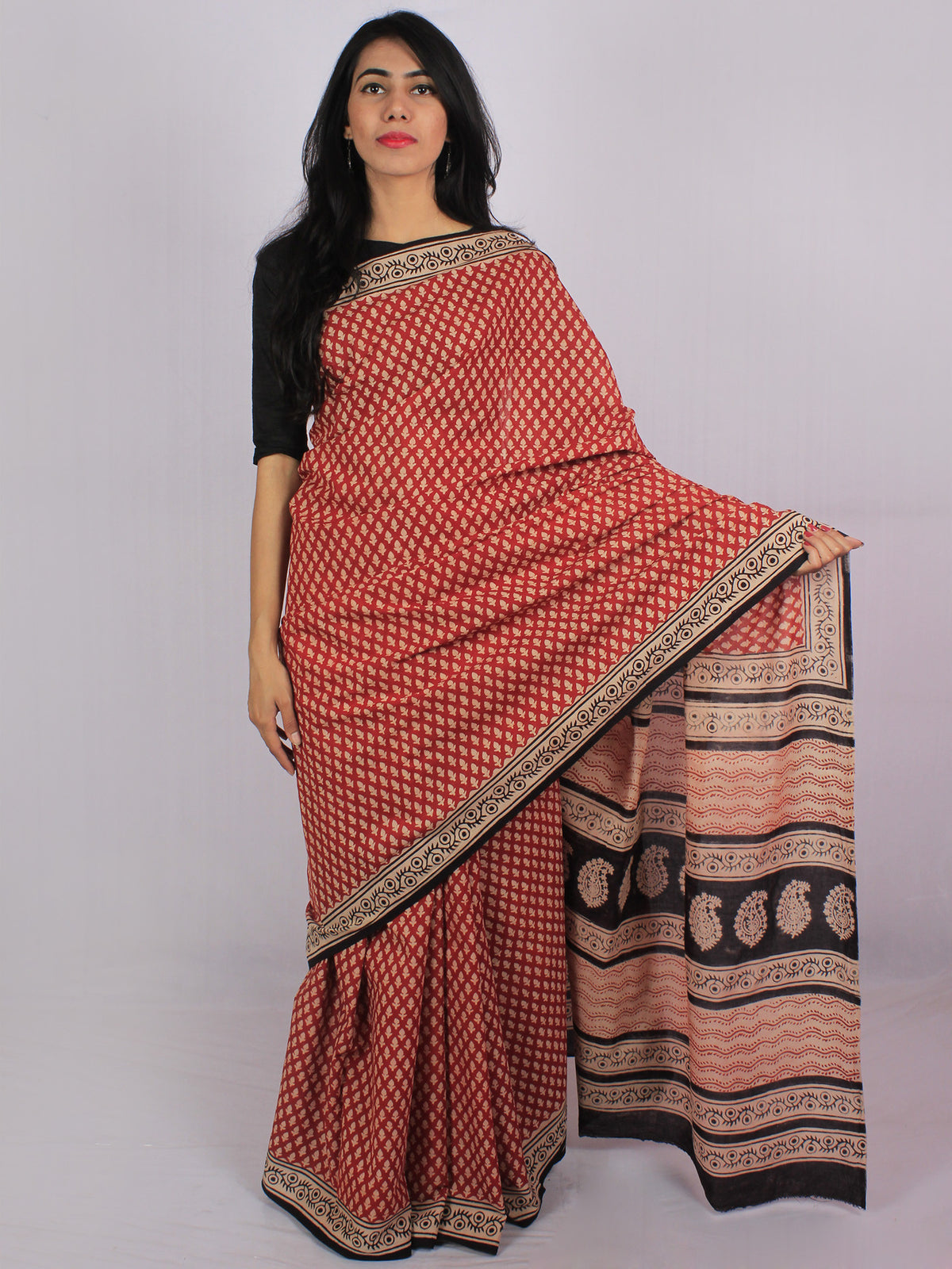 Brick Red Beige Black Cotton Hand Block Printed Saree in Natural Colors - S031701177
