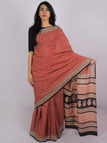 Brick Red Beige Black Cotton Hand Block Printed Saree in Natural Colors - S031701177