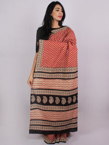 Brick Red Beige Black Cotton Hand Block Printed Saree in Natural Colors - S031701177