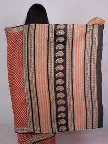 Brick Red Beige Black Cotton Hand Block Printed Saree in Natural Colors - S031701177