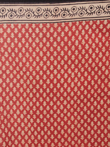 Brick Red Beige Black Cotton Hand Block Printed Saree in Natural Colors - S031701177