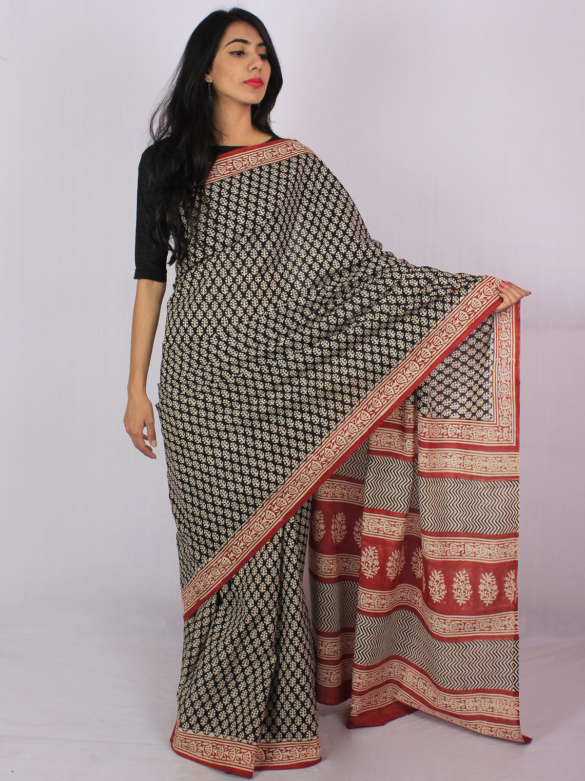 Black Beige Brick Red Cotton Hand Block Printed Saree in Natural Colors - S031701178