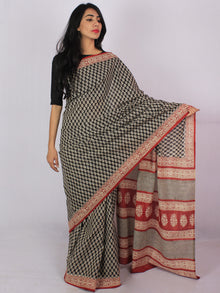 Black Beige Brick Red Cotton Hand Block Printed Saree in Natural Colors - S031701178