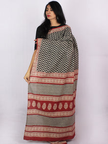 Black Beige Brick Red Cotton Hand Block Printed Saree in Natural Colors - S031701178