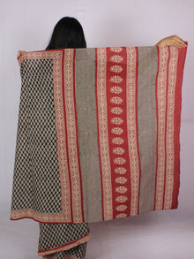 Black Beige Brick Red Cotton Hand Block Printed Saree in Natural Colors - S031701178