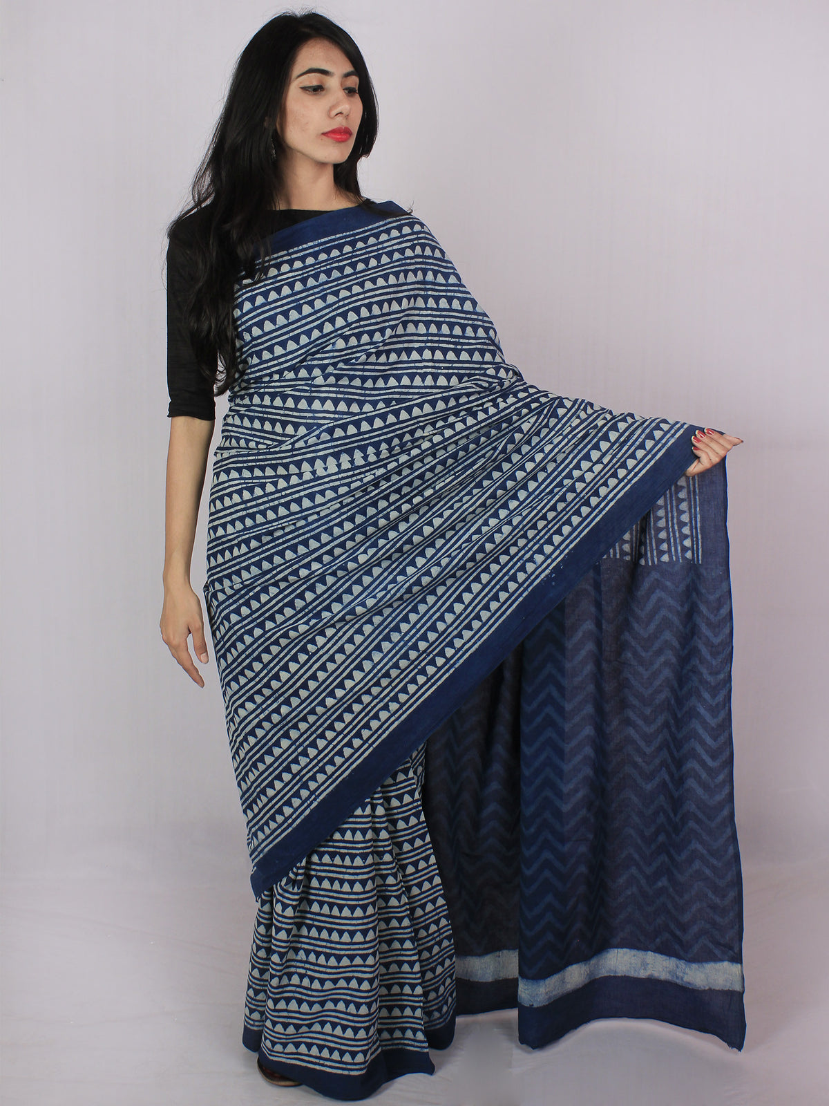 Indigo Ivory Cotton Hand Block Printed Saree in Natural Colors - S031701179