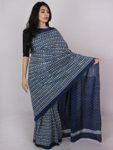 Indigo Ivory Cotton Hand Block Printed Saree in Natural Colors - S031701179