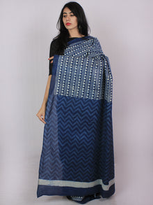 Indigo Ivory Cotton Hand Block Printed Saree in Natural Colors - S031701179