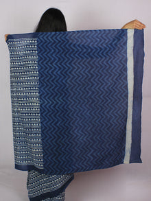 Indigo Ivory Cotton Hand Block Printed Saree in Natural Colors - S031701179