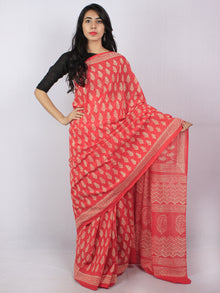 Scarlet Red Pink Beige Hand Block Printed Cotton Saree in Natural Colors - S03170814