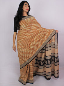 Mustard Yellow Beige Black Cotton Hand Block Printed Saree in Natural Colors - S031701180