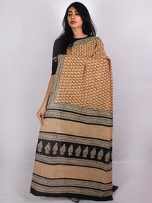 Mustard Yellow Beige Black Cotton Hand Block Printed Saree in Natural Colors - S031701180