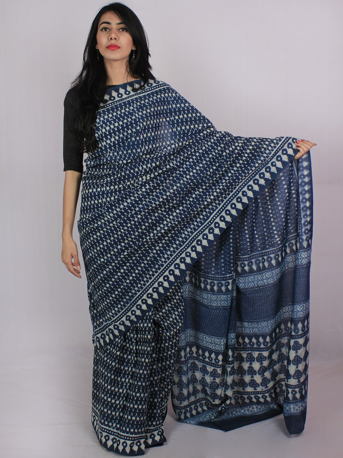 Indigo Ivory Cotton Hand Block Printed Saree in Natural Colors - S031701181