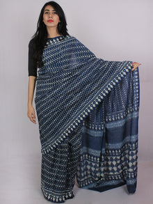 Indigo Ivory Cotton Hand Block Printed Saree in Natural Colors - S031701181