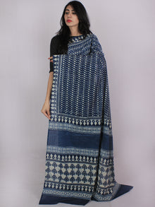 Indigo Ivory Cotton Hand Block Printed Saree in Natural Colors - S031701181
