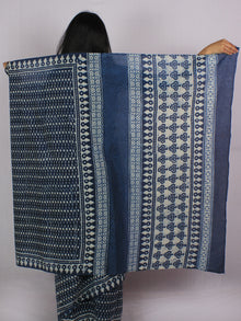 Indigo Ivory Cotton Hand Block Printed Saree in Natural Colors - S031701181