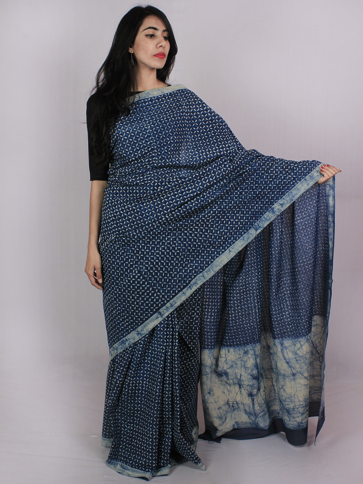 Indigo Ivory Cotton Hand Block Printed & Hand Painted Saree in Natural Colors - S031701182